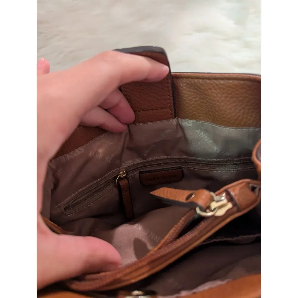Elegant‎ Anne Klein Two-Tone Woven Handbag with Leather Trim and Gold Accents